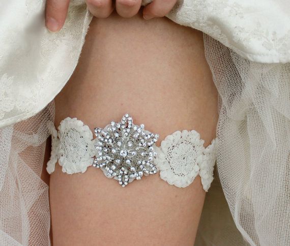 Wedding - Garter Ivory Snowflake Wedding Garter Set - Bridal Wedding Garters Set With Silver, Rhinestone Brooch Bling, Diamond, Star, Snowflake, Lace