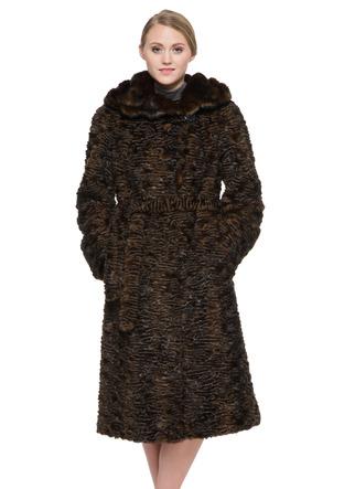 Свадьба - Faux dark brown astrakhan with mink fur hooded long women coat