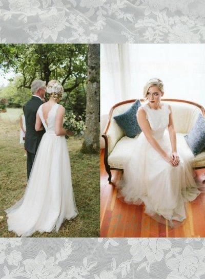Mariage - JOL255 Romance bateau neck lace v back tulle skirt wedding dress