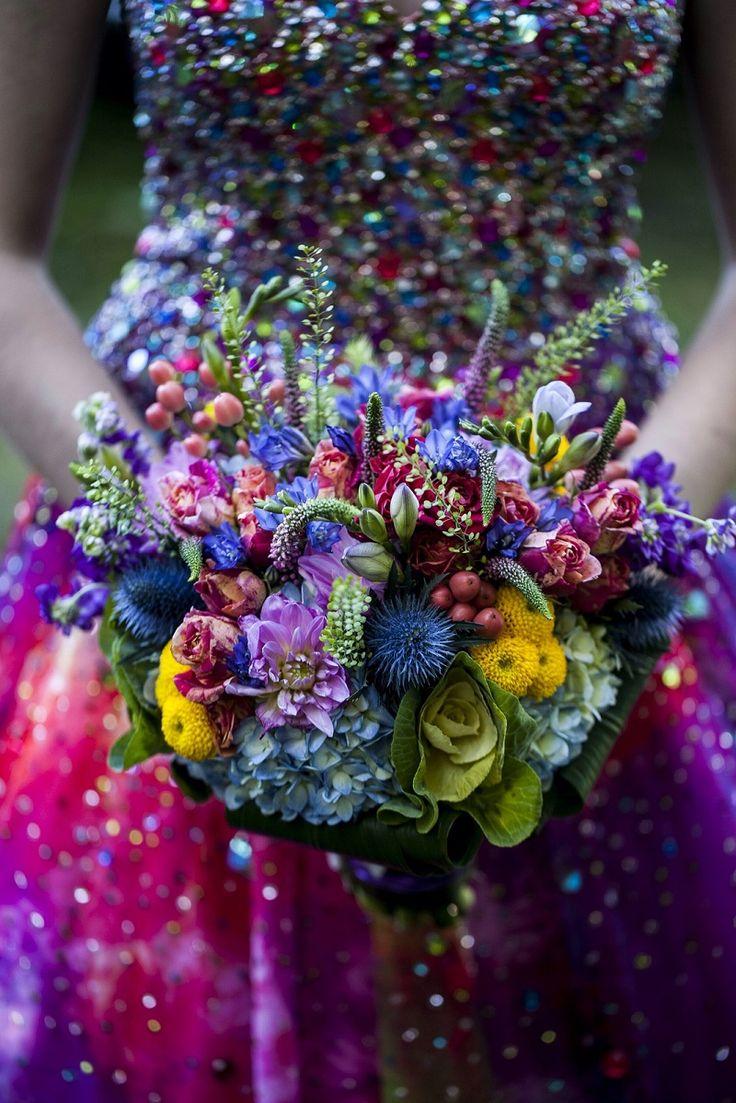 Wedding - Sequined Wedding Dress   Brightly Colored Bouquet = Happy Eyes