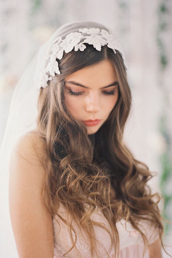 زفاف - Beaded Lace Juliet Veil, Bridal Cap Veil With Lace, Double Layer, Iovry Or White 