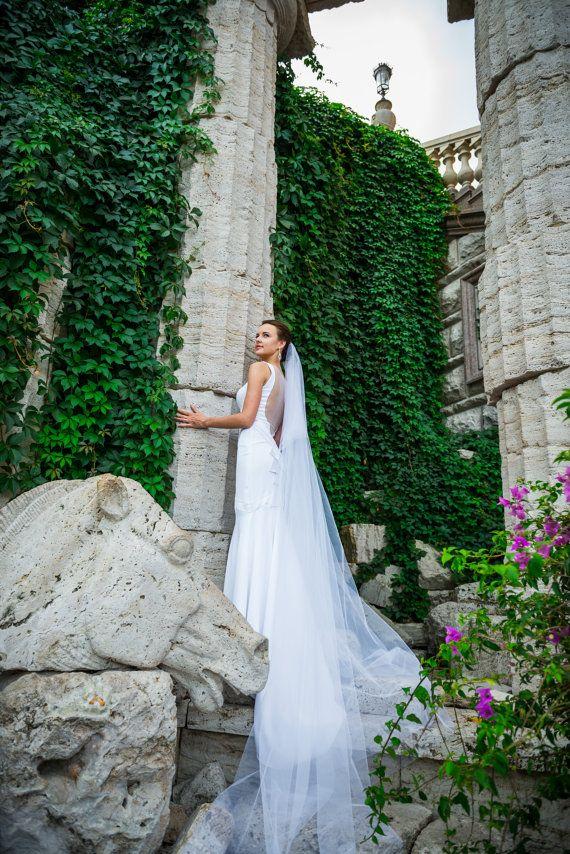 Hochzeit - Long Wedding Dress With Train, White Long Wedding Dress With Open Back, Crepe Wedding Gown L14