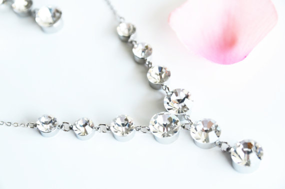 Mariage - art deco clear crystal swarovski rhinestone rhodium silver plated necklace post earrings set wedding bridal bridesmaids jewelry set gift