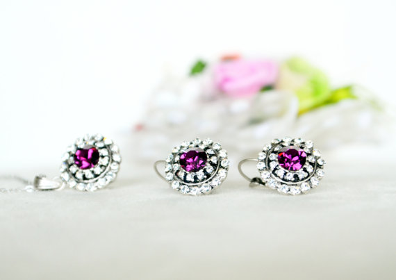 Hochzeit - art deco clear crystal purple swarovski rhinestone necklace earrings wedding jewelry bridal jewelry bridesmaids jewelry set