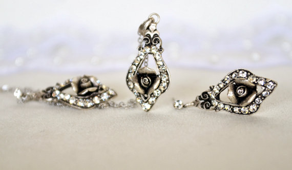 Свадьба - vintage style rose jewelry set art deco clear crystal rhinestone necklace earrings wedding bridal jewelry bridesmaids jewelry set