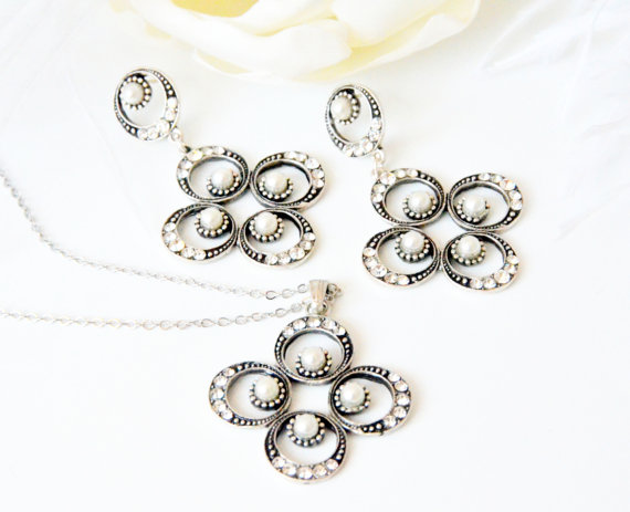 Mariage - pearl swarovski dangle earrings art deco clear crystal rhinestone pearl necklace earring post wedding bridal jewelry bridesmaids jewelry set