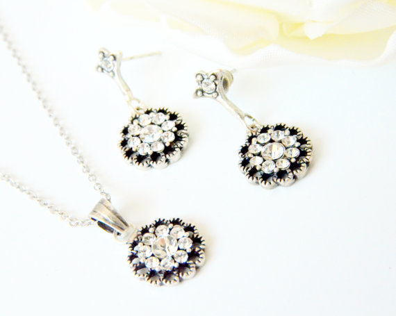 زفاف - vintage style jewelry set art deco crystal swarovski rhinestone necklace dangle earrings wedding jewelry bridal jewelry bridesmaids gift