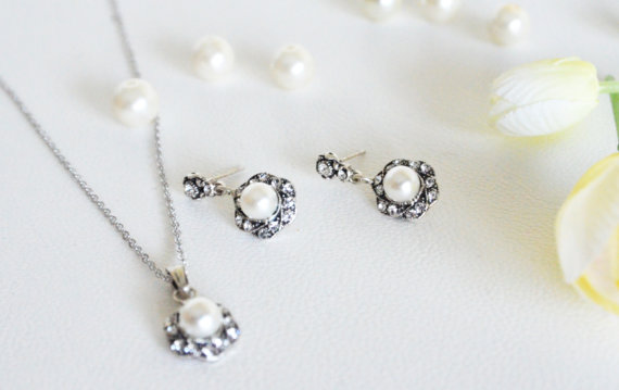 زفاف - art deco clear crystal swarovski pearl rhinestone tibetan silver plated necklace earring post wedding bridal bridesmaids jewelry set gift