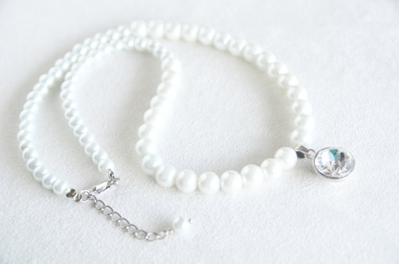 زفاف - art deco clear crystal swarovski rhinestone white glass pearl necklace wedding bridal necklace bridesmaids necklace gift