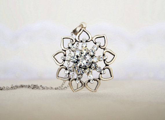 Mariage - art deco clear crystal swarovski rhinestone tibetan silver plated necklace wedding jewelry bridal jewelry bridesmaids jewelry gift