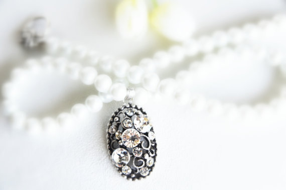 زفاف - art deco clear crystal swarovski rhinestone tibetan silver plated white glass pearl necklace wedding bridal bridesmaids jewelry gift