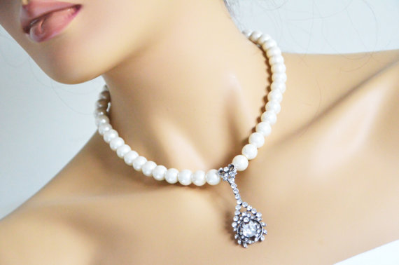 زفاف - art deco clear crystal swarovski rhinestone tibetan silver plated ivory glass pearl necklace wedding bridal jewelry bridesmaids jewelry gift