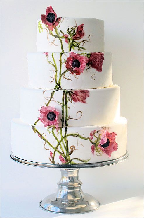 Hochzeit - A Four-tiered Wedding Cake Features Hand-painted Flowers And Vines, As Well As Pink Sugar Anemones.