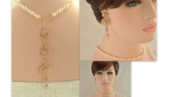 Hochzeit - Bridal back drop necklace set -Rose gold vintage inspired art deco Swarovski crystal rhinestone bridalback drop necklace and dangle earrings