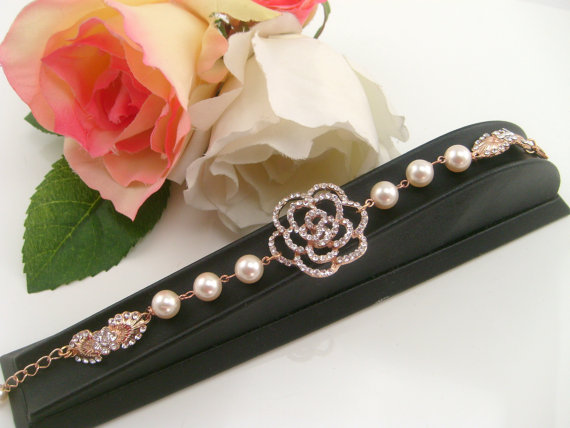 Свадьба - Bridal rose gold bracelet-Vintage inspired art deco Swarovski crystal bridal bracelet-Wedding jewelery-Bridal bracelet-Bridesmaid gift