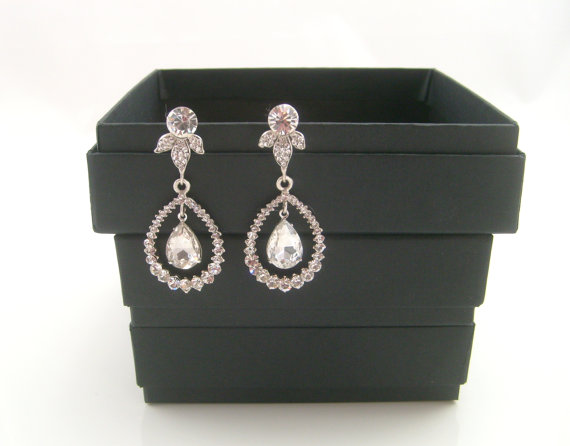 Mariage - Vintage inspired Art deco swarovski crystal rhinestone chandelier earrings wedding jewelry bridesmaids gifts bridal earrings