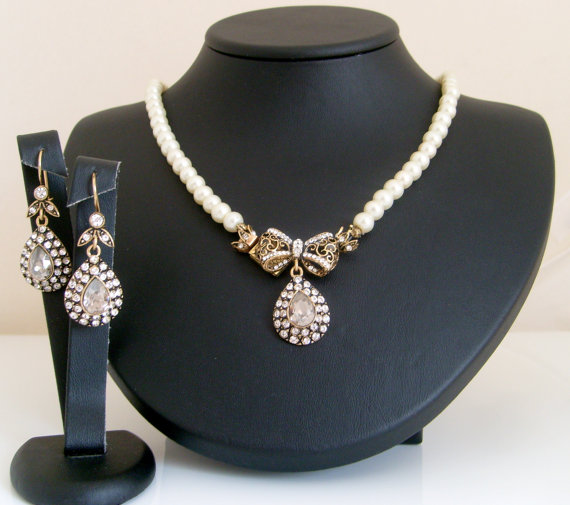 زفاف - Vintage inspired antique brass full strand ivory pearl classic bridal jewelry set wedding jewelry bridal jewelry