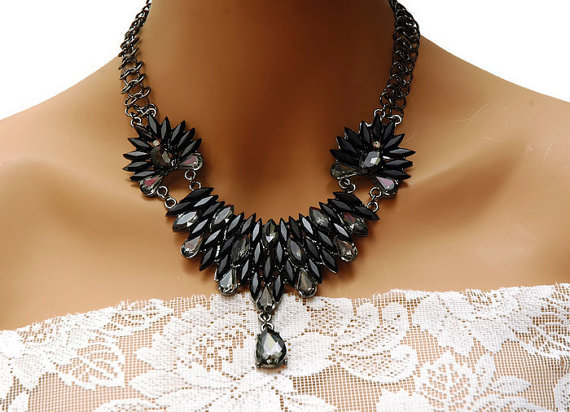 Wedding - Black Necklace, Black Rhinestone Necklace, Statement Necklace, Crystal Necklace Earring Set, Black Smokey Bib Necklace