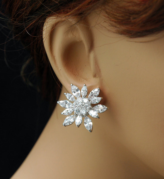 Hochzeit - Flower cz Bridal Earrings, Wedding Bridal Earrings, Silver Stud Earrings, bridal jewelry, Bridal Accessory, Wedding Jewelry
