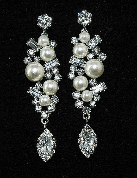 Hochzeit - Wedding Art Deco Pearl Bridal Earrings, Vintage Crystal Rhinestone Bridal Earrings, Wedding Diamante Jewellery