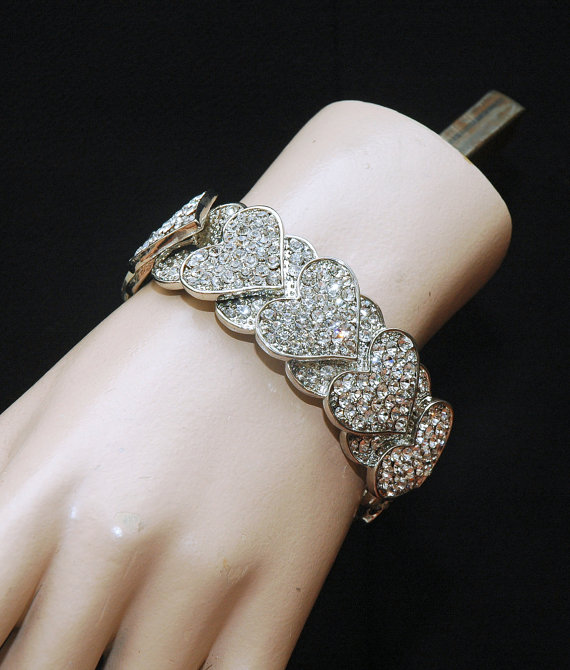 Hochzeit - Heart Crystal Bridal Bracelet, Wedding Cuff Bracelet, Rhinestone Statement Bracelet, Diamante Bracelet, Prom Crystal Bracelet