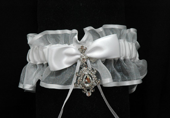 Wedding - Bridal Crystal Garter, Single Wedding Garter, White Lace Crystal Garter, Bridal Rhinestone Garter,