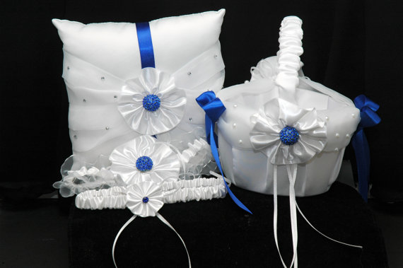 Hochzeit - Royal Blue Ring Holder Pillow Bridal Garter and Flower Girl Basket Set, Something Blue,Rhinestone Flower Girl Basket