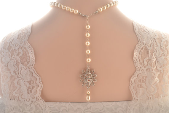 Свадьба - Bridal back drop necklace -Vintage inspired art deco Swarovski crystal rhinestone bridalback drop necklace -Wedding jewelry -Pearl necklace