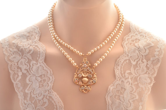 Hochzeit - Rose gold bridal necklace -Vintage inspired art deco Swarovski crystal rhinestone bridal pendant necklace -Vintage style -Wedding jewelry
