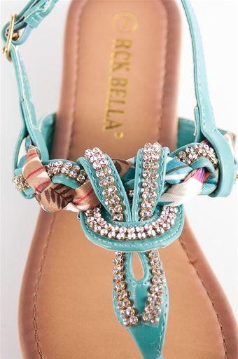 Wedding - Jeweled And Woven Scarf Thong Sandal - Teal