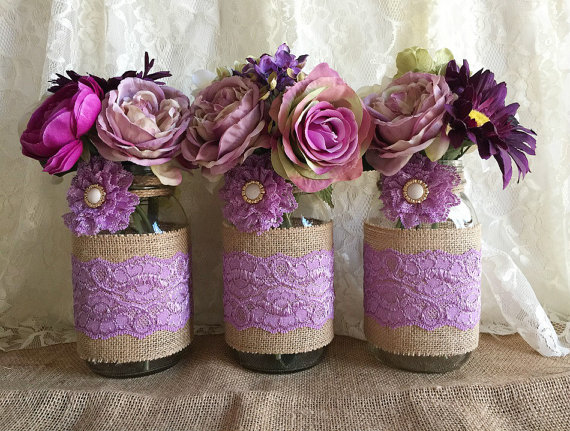 Mariage - Lavender rustic burlap and lace covered 3 mason jar vases wedding deocration, bridal shower, engagement, anniversary party decor