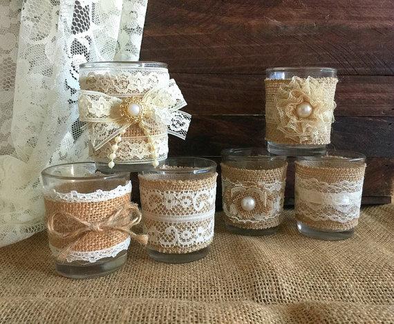 Свадьба - 6 naturlap burlap and lace covered votive tea candles, country chic wedding decoration, bridal shower decor or home decor, vintage style