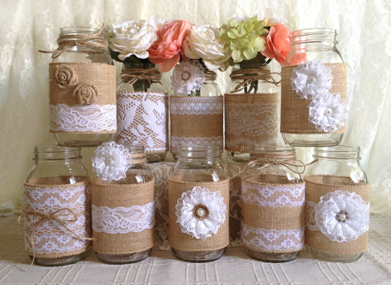 Mariage - 10x rustic burlap and white lace covered mason jar vases wedding decoration, bridal shower, engagement, anniversary party decor