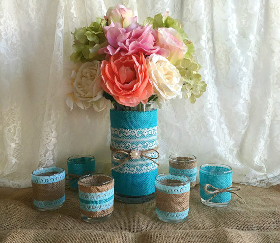 Mariage - Tiffany blue burlap and lace covered votive tea candles and vase country chic wedding decorations, bridal shower decor