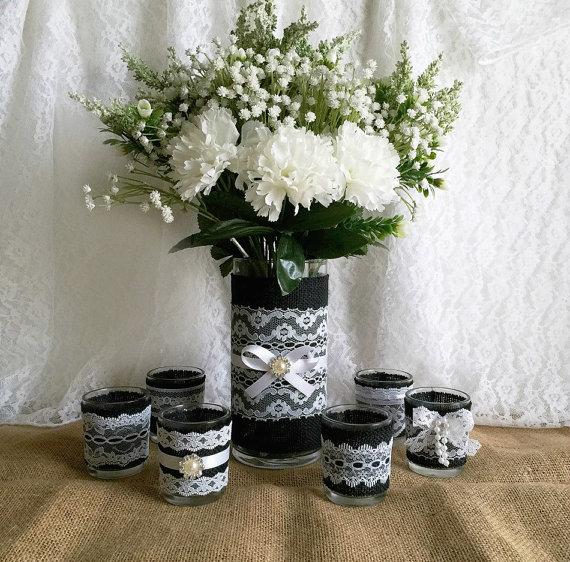 Hochzeit - black burlap and white lace covered votive tea candles and vase country chic wedding decorations, bridal shower decor, home decor