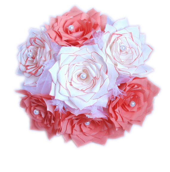زفاف - Lovely coral and white paper flower bouquet, Coral bridal bouquet, Pearl bouquet, Fake flower bouquet, Flower girl bouquet, Toss bouquet