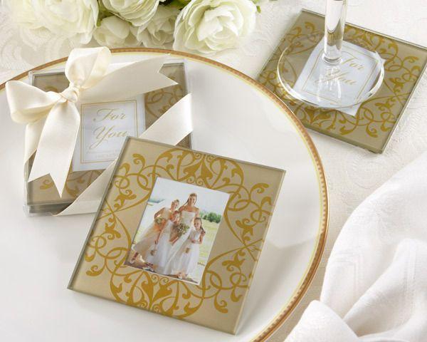 زفاف - Elegant Gold Glass Photo Coasters (set Of 2)