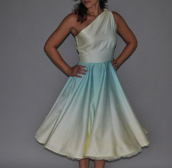 Wedding - One Shoulder Aqua Ombre "Siren" Dress Tea Length ------------- Color Can Be Customized ------ Made To Measure