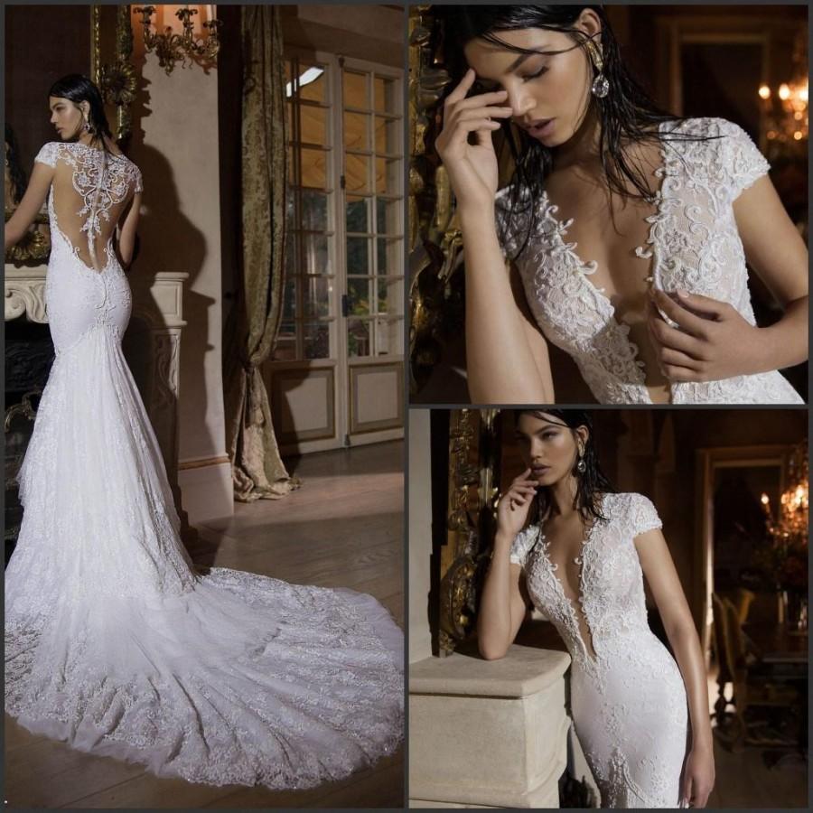 Wedding - Cheap Berta Wedding Dresses - Discount Berta 2015 Mermaid Wedding Dresses Deep V Neck Sheer Back Short Sleeves Lace Bodice Applique Bridal Gown Vintage Elegant Sexy Illusion Online with $133.04/Piece 