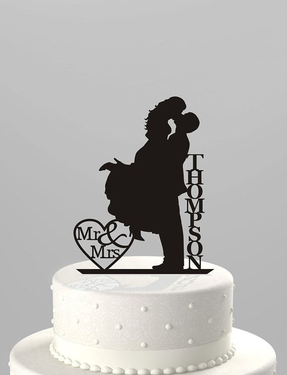 Wedding - Wedding Cake Topper Silhouette Couple Mr & Mrs Personalized With Last Name, Acrylic Cake Topper [CT18f]