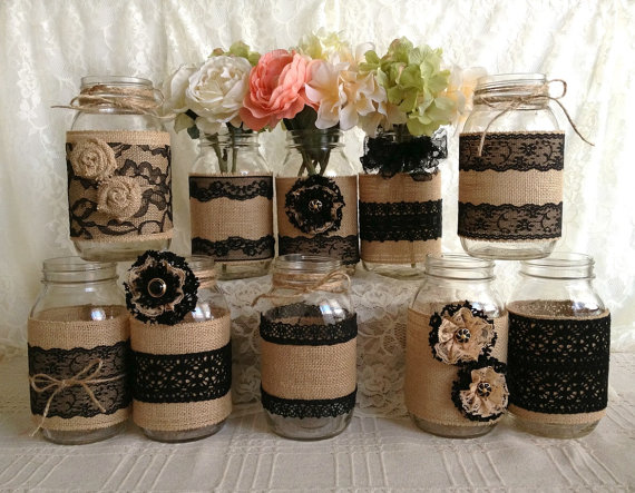 Свадьба - 10x rustic burlap and black lace covered mason jar vases wedding decoration, bridal shower, engagement, anniversary party decor