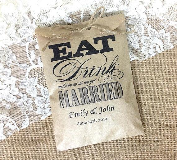 Mariage - Personalized 50 favor kraft bag, rustic wedding gift bag, eat drink we get married