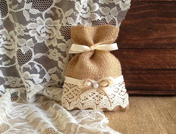 Mariage - rustic 10 lace covered natural color burlap favor bags, wedding, bridal shower, tea party, baby shower gift bags.