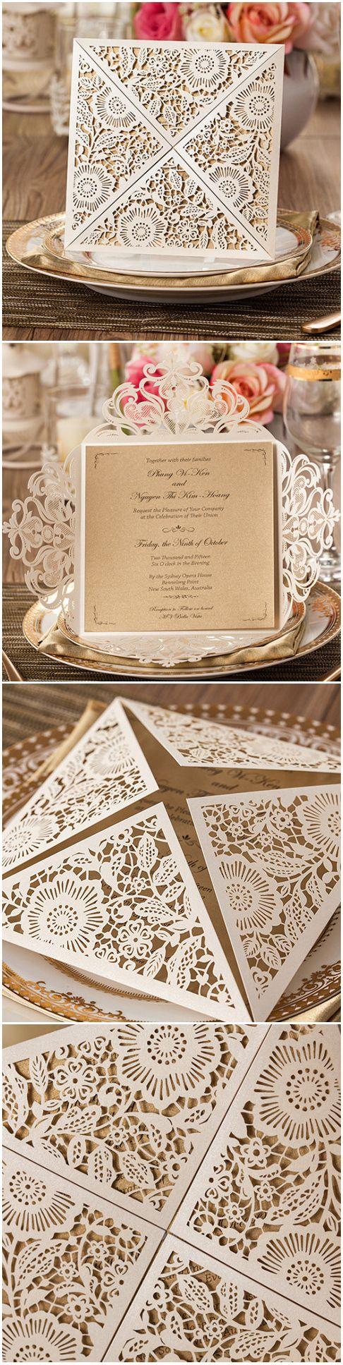 زفاف - Affordable Pearl White Floral Laser Cut Wedding Invitations EWWS017