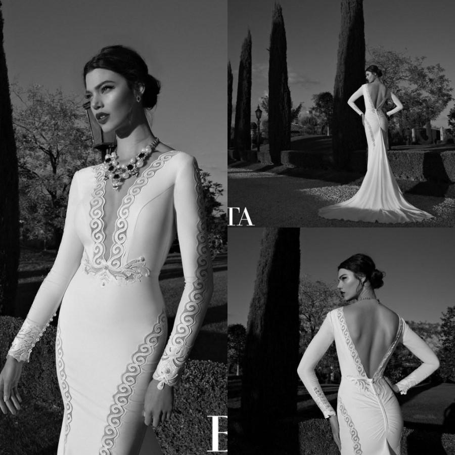 زفاف - Discount Fashion Berta 2015 Mermaid Wedding Dresses V Neck Long Sleeves Backless Satin Bodice Applique Bridal Gown Vintage Elegant Sexy Custom Made Online with $141.1/Piece 