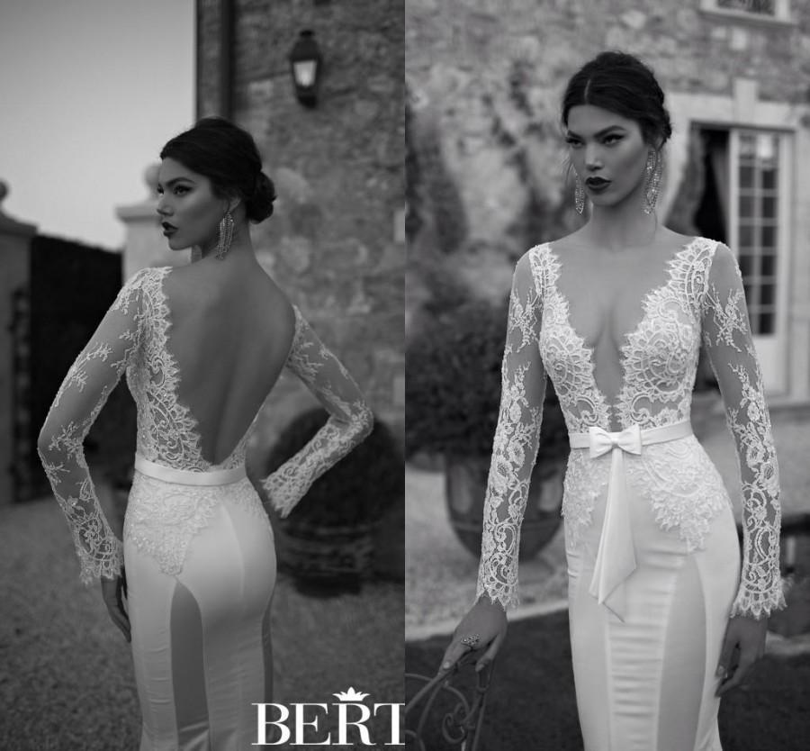 Hochzeit - Discount Hot Sale Berta 2015 Mermaid Wedding Dresses Deep V Neck Backless Long Sleeves Lace Bodice Applique Bridal Gown Vintage Elegant Sexy Illusion Online with $116.92/Piece 