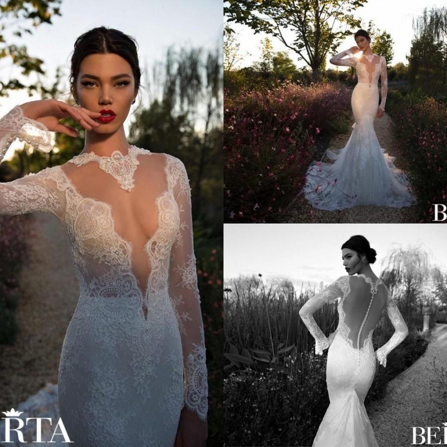 Hochzeit - Cheap Berta Wedding Dresses - Discount Berta 2015 Mermaid Wedding Dresses High Neck Long Sleeves Sheer Back Lace Bodice Beaded Bridal Gown Vintage Elegant Illusion See through Online with $141.1/Piece 