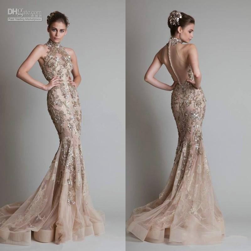 Mariage - Discount Sexy See Through Evening Dresses Organza Button Back Sheath Mermaid Elie Saab Formal/Prom Party Dresses With High Neck Silver Appliques Online with $141.1/Piece on Hjklp88's Store 