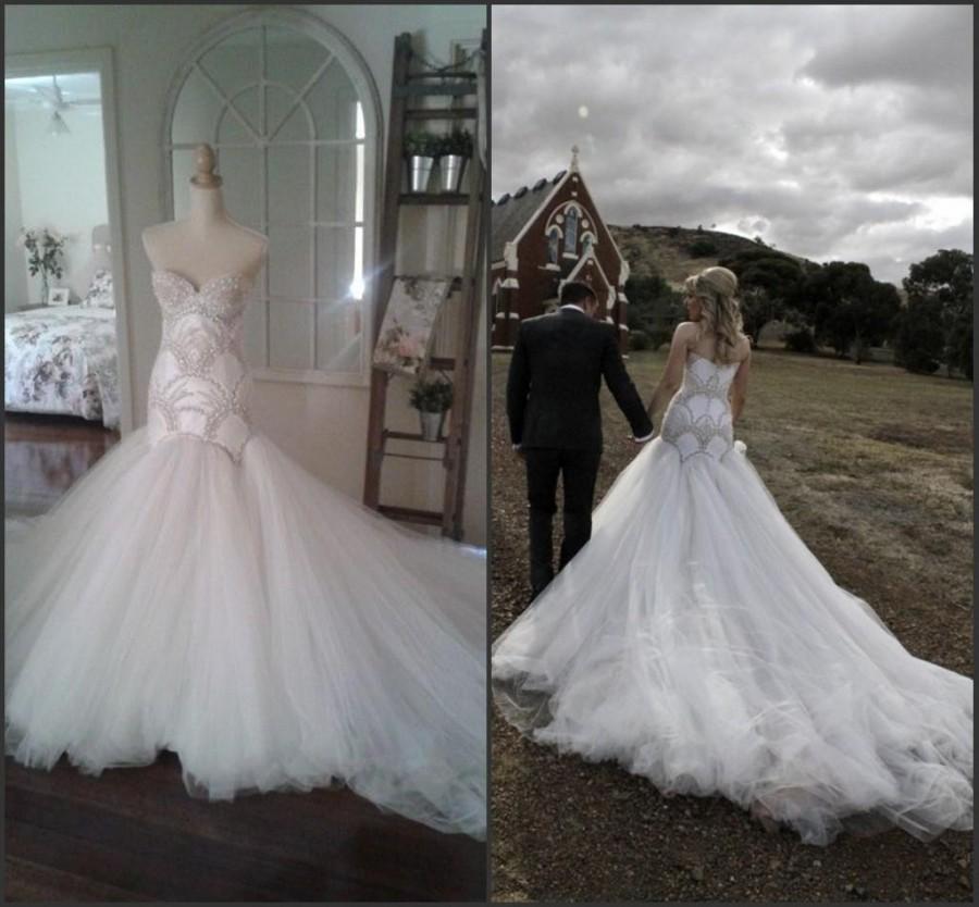 Mariage - Discount Real Image Sweetheart 2015 Wedding Dresses Mermaid Garden Beads Tulle Court Train White Bridal Dress Gowns Custom Made Vestidos De Novia Online with $146.75/Piece on Hjklp88's Store 
