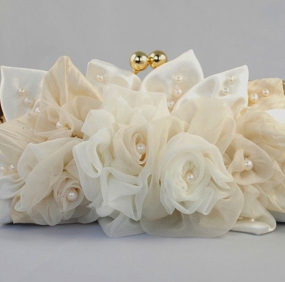 Hochzeit - Bridal Clutch ABIGALE Ivory Roses With Pearls